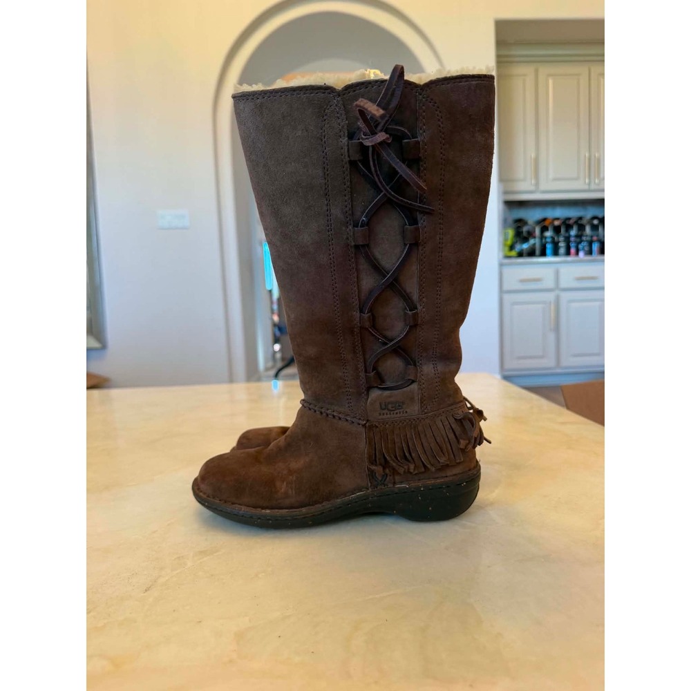 UGG Australia Sunburst Fringe Tall Boots Brown Suede Shearling Lined 5750 Size 6